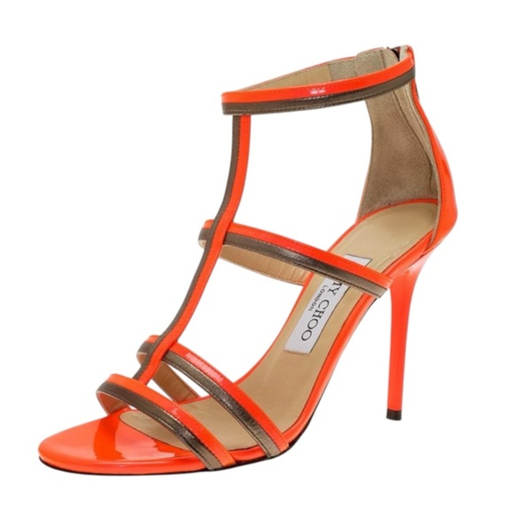 Jimmy Choo Neon Orange Patent Thistle Sandals Size 39